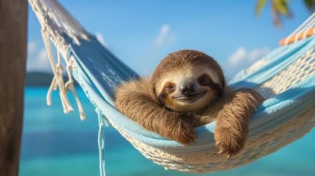  Ein süßes Faultier schaukelt in einer Hängematte am Strand